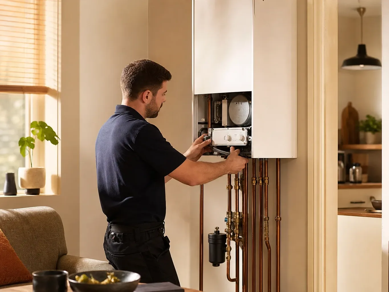 A heating engineer services a wall-mounted boiler with copper pipework in a living room.