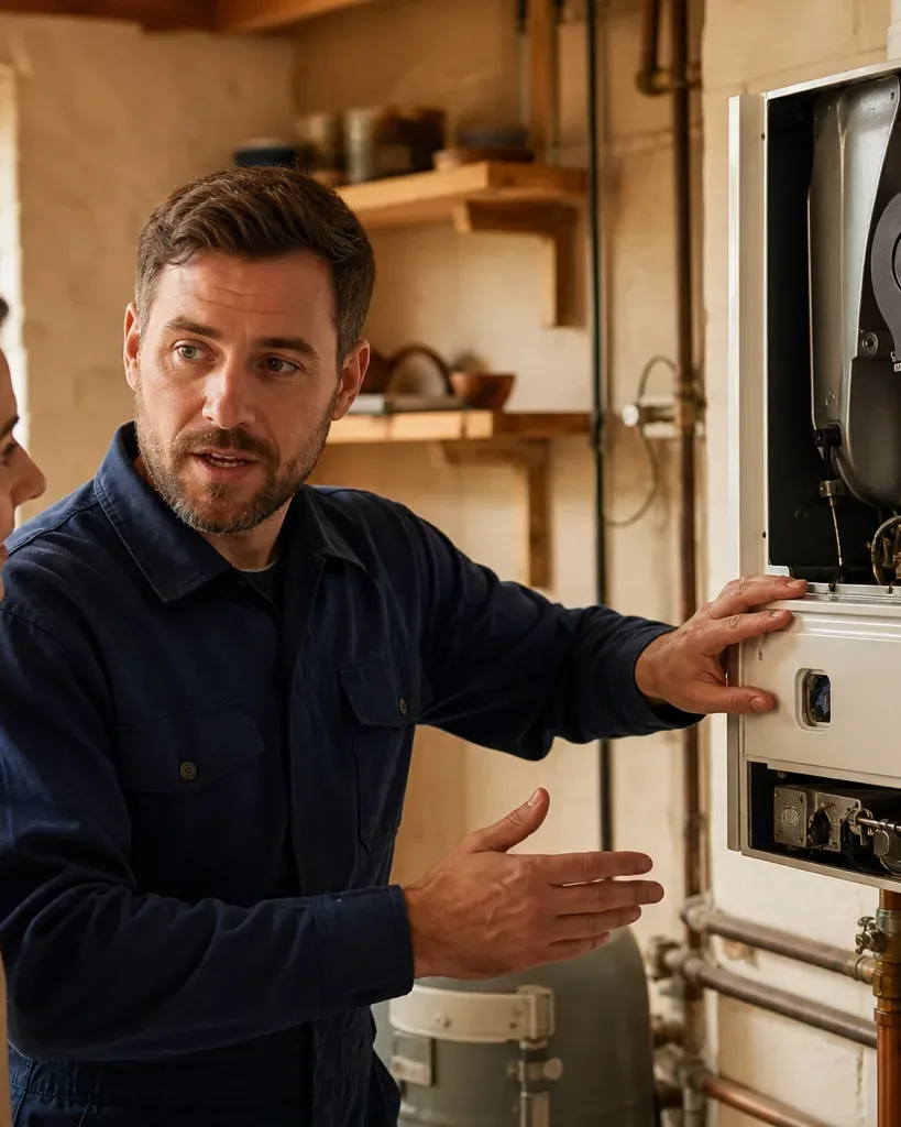 A engineer shows a homeowner the open interior of a wall-mounted boiler in a utility room.